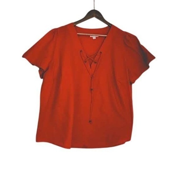 Knox Rose Tops - Knox Rose Red Lace Up 100% Cotton Bohemian Blouse  Fits L/ XL Short Slve V-Neck
